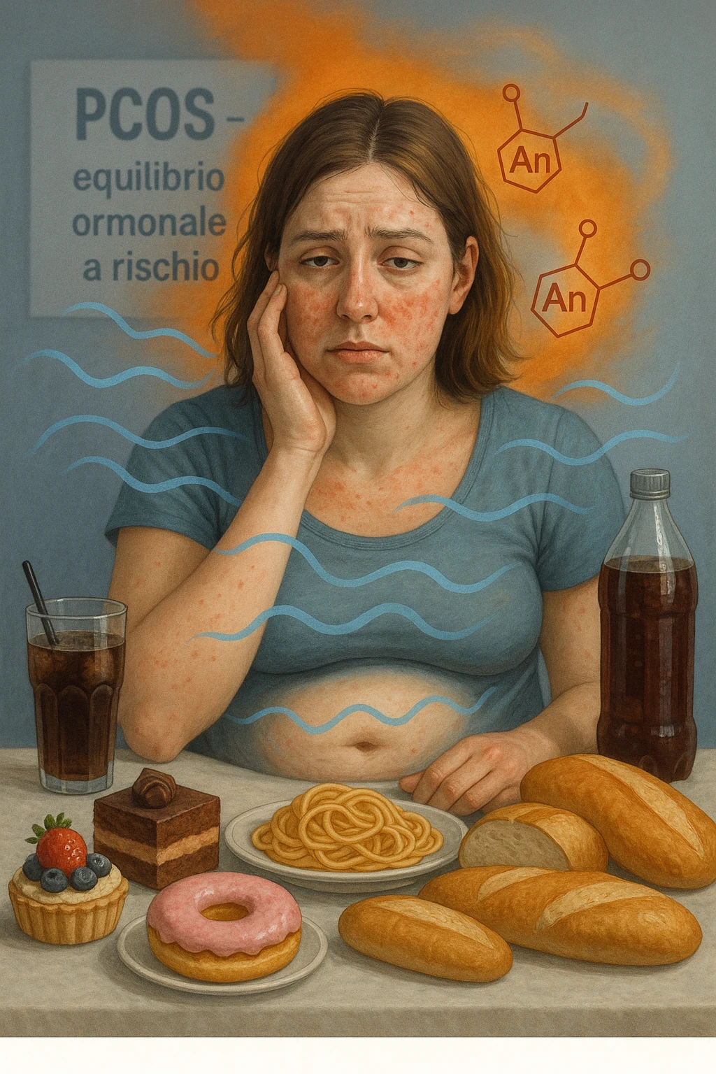 Donna tra i 25 e i 35 anni, seduta a tavola con un’espressione stanca e gonfia. Sul tavolo ci sono alimenti sbagliati per la sua condizione: dolci raffinati, pane bianco, pasta, bibite zuccherate. Intorno al suo corpo si vedono elementi simbolici che rappresentano gli effetti della PCOS peggiorata: insulina fluttuante, androgeni elevati, infiammazione bassa cronica. La sua pelle appare acneica, gonfiore addominale visibile, sguardo affaticato. Sullo sfondo, un cartello sfocato con scritto 'PCOS – equilibrio ormonale a rischio'. Stile realistico con elementi simbolici, toni freddi ma chiari in italiano emoji
