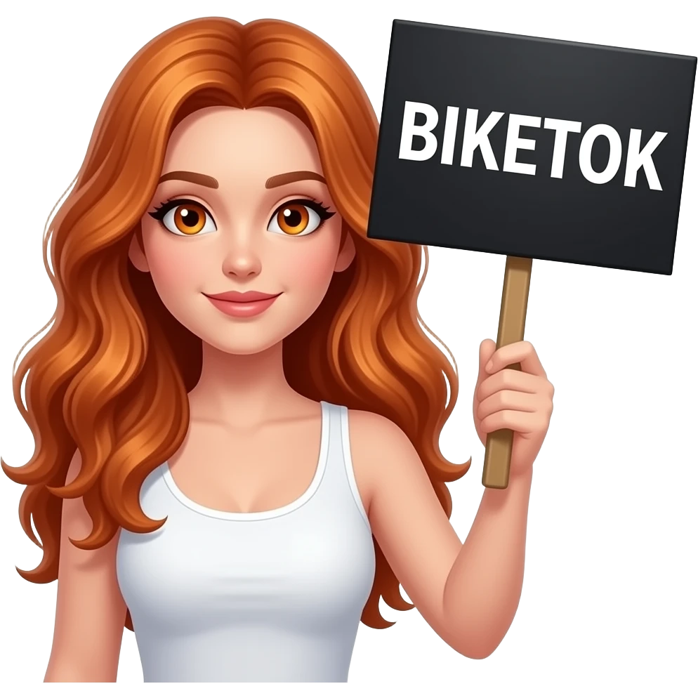 sexy girl with long wavy ginger hair and ginger eyes wearing a white tanktop is holding a black colored sign with BIKETOK written on it emoji