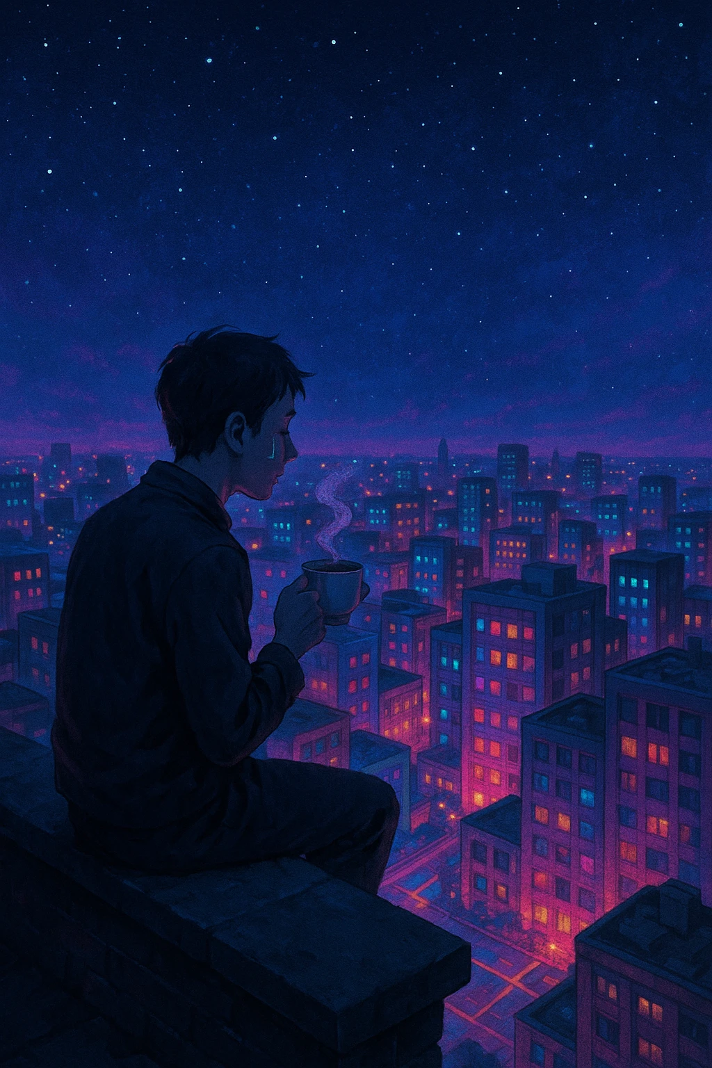 A lone figure on a rooftop, sipping tea as the city below glows with an otherworldly light, calm posture, a faint tear on their cheek, bittersweet mood. emoji
