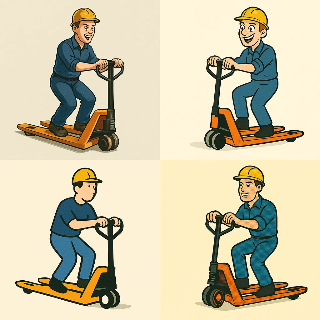 a person riding on a pallet truck, in four distinct styles emoji