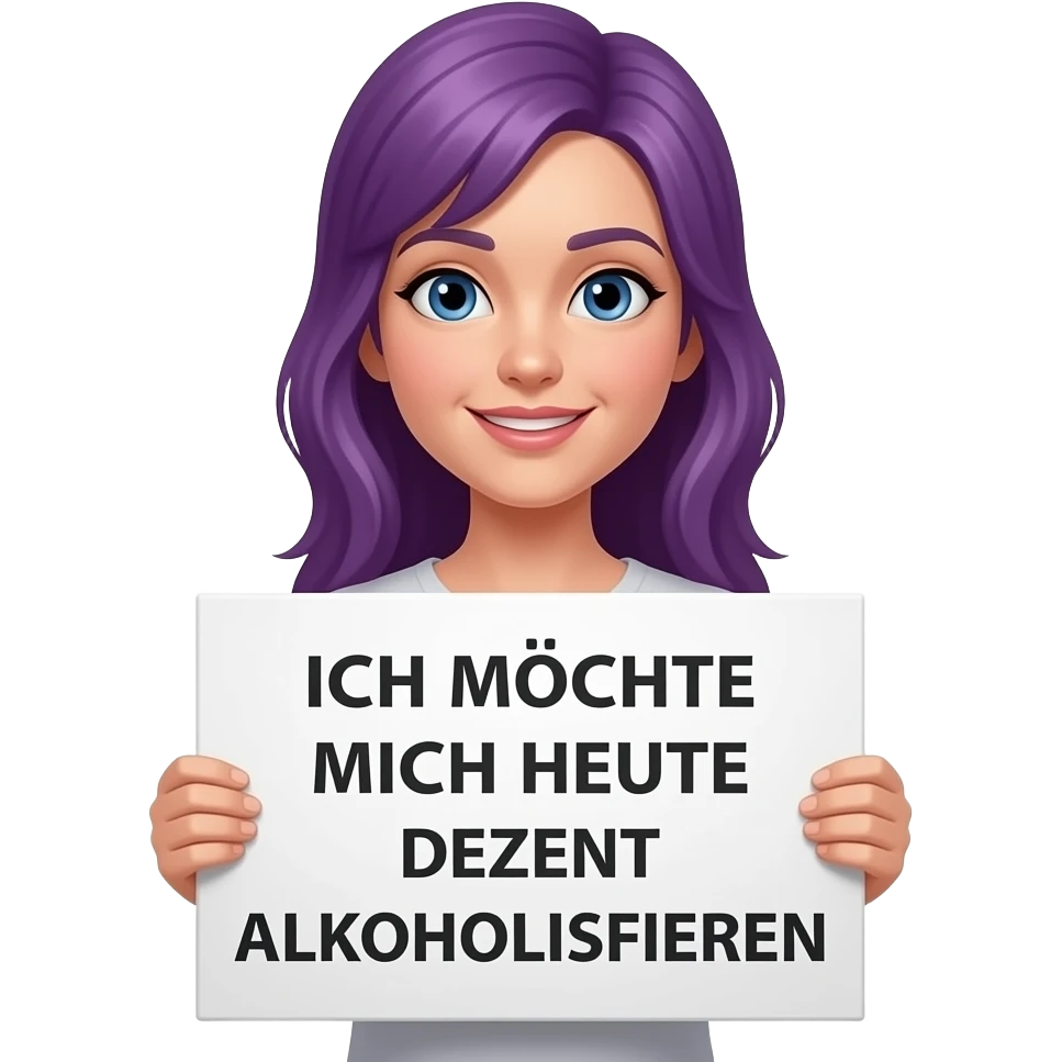 girl with long purple hair holding a ICH MÖCHTE MICH HEUTE DEZENT ALKOHOLISIEREN sign emoji