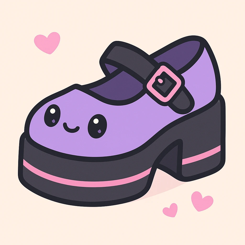 Make the BLACKPINK-inspired gothic shoes primarily purple with black and pink accents, cute and stylish, kawaii style, no socks, no hearts. emoji