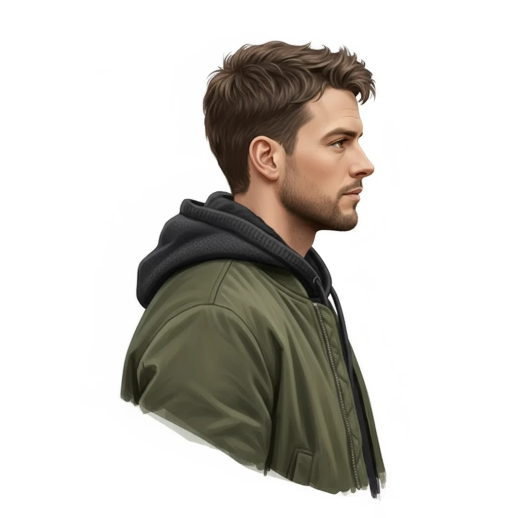 нарисуй этого человека с таким же лицом, но до пояса, он одет в куртку осеннюю и картинка строго в профиль, стиль картинки повтори точно такой же как во вложении, без фона emoji