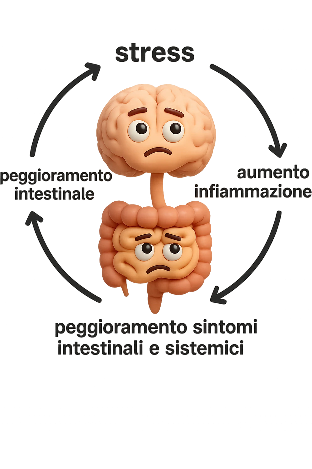 EMOJI STILE IPHONE 3D DI un cerchio con queste scritte che girano intorno "stress → peggioramento intestinale → aumento infiammazione → peggioramento sintomi intestinali e sistemici." al centro del cerchio metti un cervello e intestino umani collegati verticalmente con espressione dubbiosa in volto, FALLO MOLTO REALISTICO IN 3D emoji