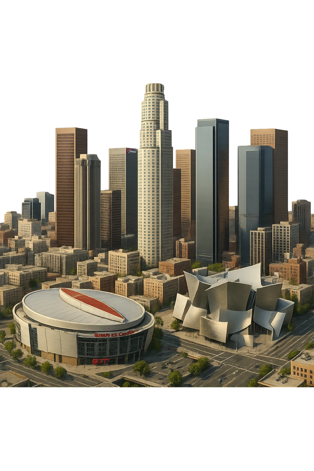 cinematic realistic emoji of Los Angeles, wide city view focusing on downtown LA with the US Bank Tower, Walt Disney Concert Hall, Staples Center (Crypto.com Arena), and surrounding skyscrapers, lifelike architectural detail, accurate colors, bright daytime lighting, fully transparent background, no sky, no clouds, no city name label emoji