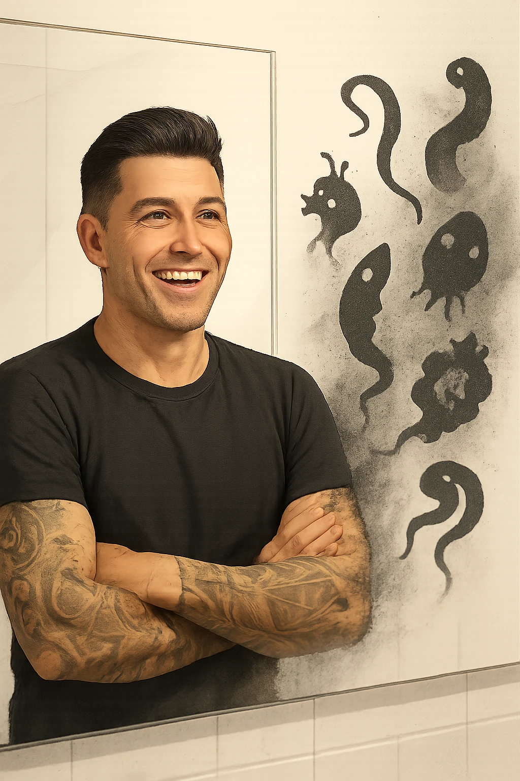 a man stands in a brightly lit bathroom, looking relieved and revitalized as he examines his reflection in the mirror. In the foreground, stylized, shadowy images of parasites (such as worms or protozoa) are shown leaving his body, dissolving into mist or fading away. His posture is upright and his expression is one of newfound energy and health. emoji