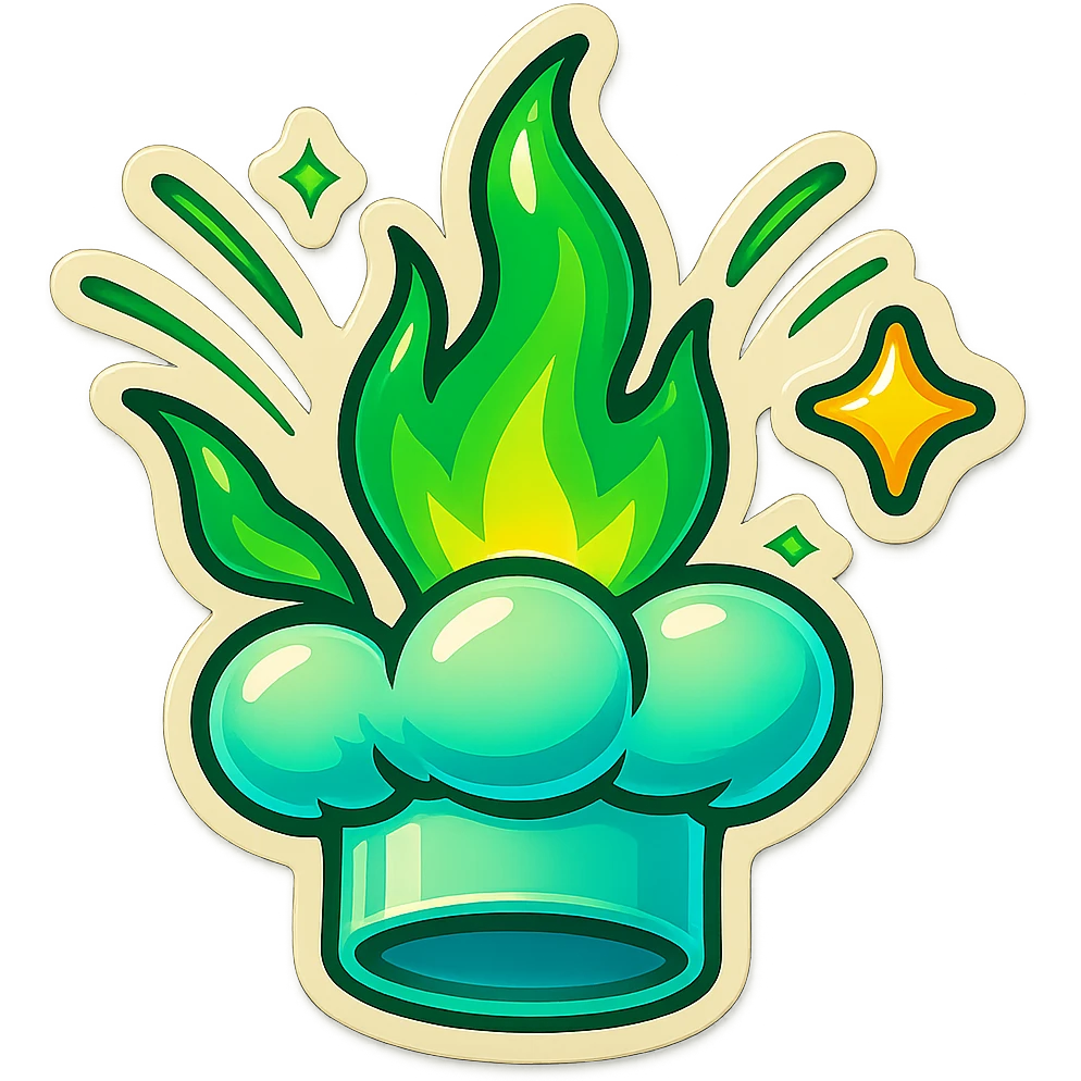 chef's hat explode with trails of fires, emoji, playful, magic flame green gradient, vibrant, flame matching style reference file emoji