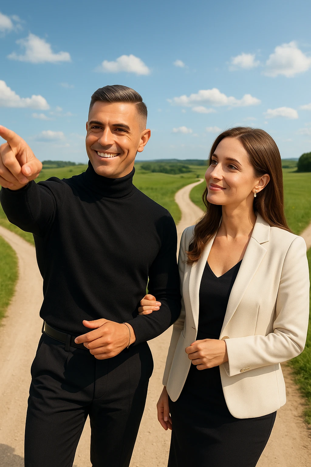 a man stands confidently at a crossroads, pointing toward a clear path ahead. Beside him, a woman looks at him con fiducia e serenità, pronta a seguirlo. Entrambi sono ben vestiti e sorridenti, immersi in un paesaggio luminoso che simboleggia nuove opportunità e un viaggio condiviso. emoji