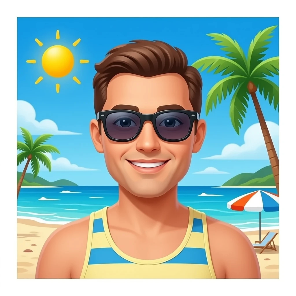 Erstelle ein Bild von einem karibischen Strand wo sich ein Mann in speedo und Sonnenbrille sonnt emoji