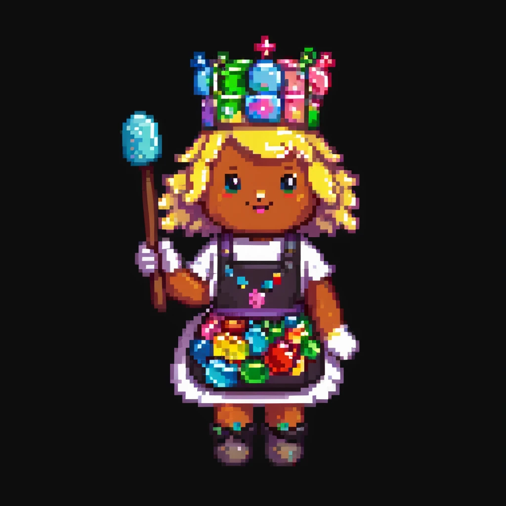 A playful baker in a pastel-pink candy lab. Walls of bubblegum bricks, frosting-covered counters, and a cupcake-shaped oven. The baker wears a gummy bear-studded apron, marshmallow gloves, and a rock candy crown. UI elements look like melting lollipops, candy cane sliders, and syrupy transitions. emoji