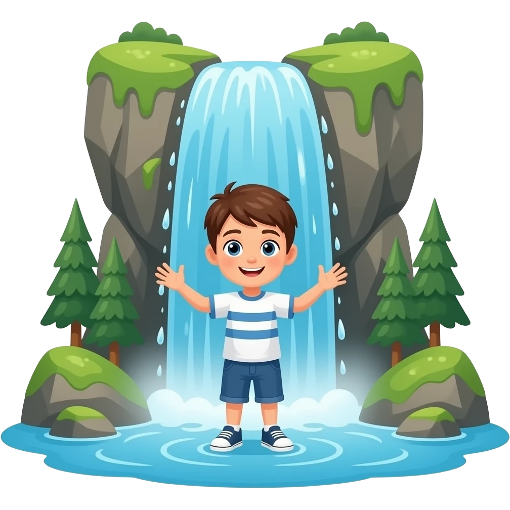 A beautiful waterfall scenery and I'm standing under the waterfall with my hands open. (I'm a boy) emoji