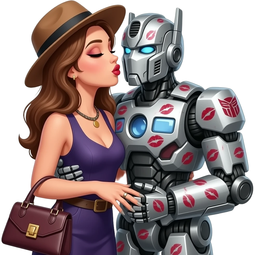 Make a woman with lipstick and a hat and eyeshadows and long polished nails, she is holding a purse she kisses the transformer while hugging him, the transformer is now covered in kiss marks and hugs the woman aswell emoji