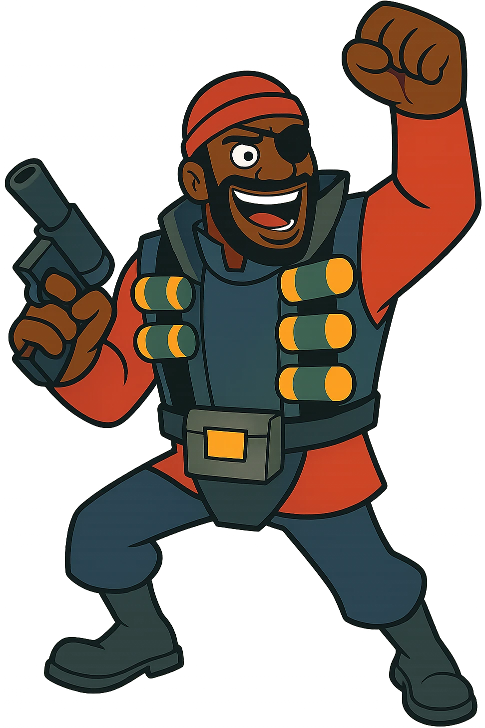 Demoman from Team Fortress 2, wearing his signature eyepatch and explosives vest, stylized as a vibrant cartoon character, energetic pose emoji