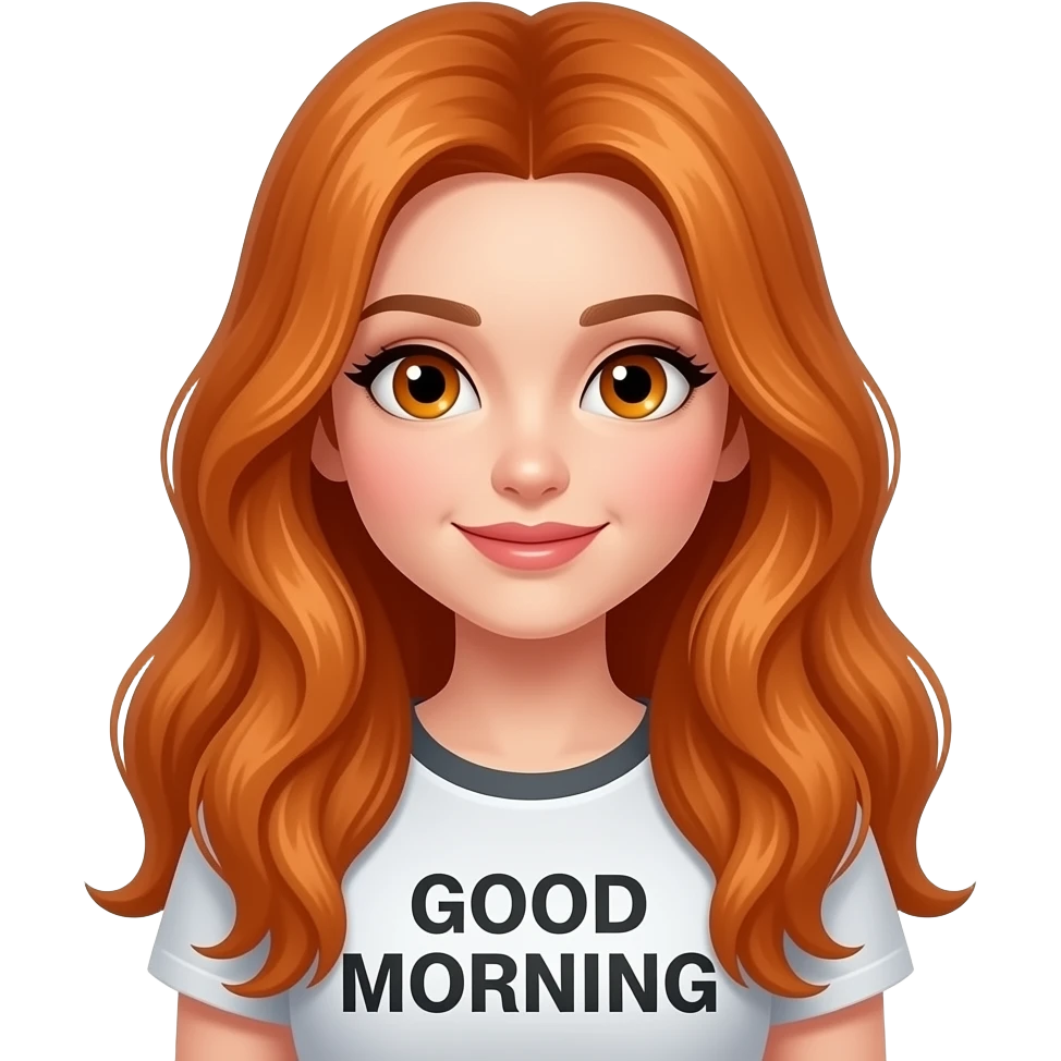 sexy girl with overlong ginger hair and ginger eyes a top with GOOD MORNING written on it emoji