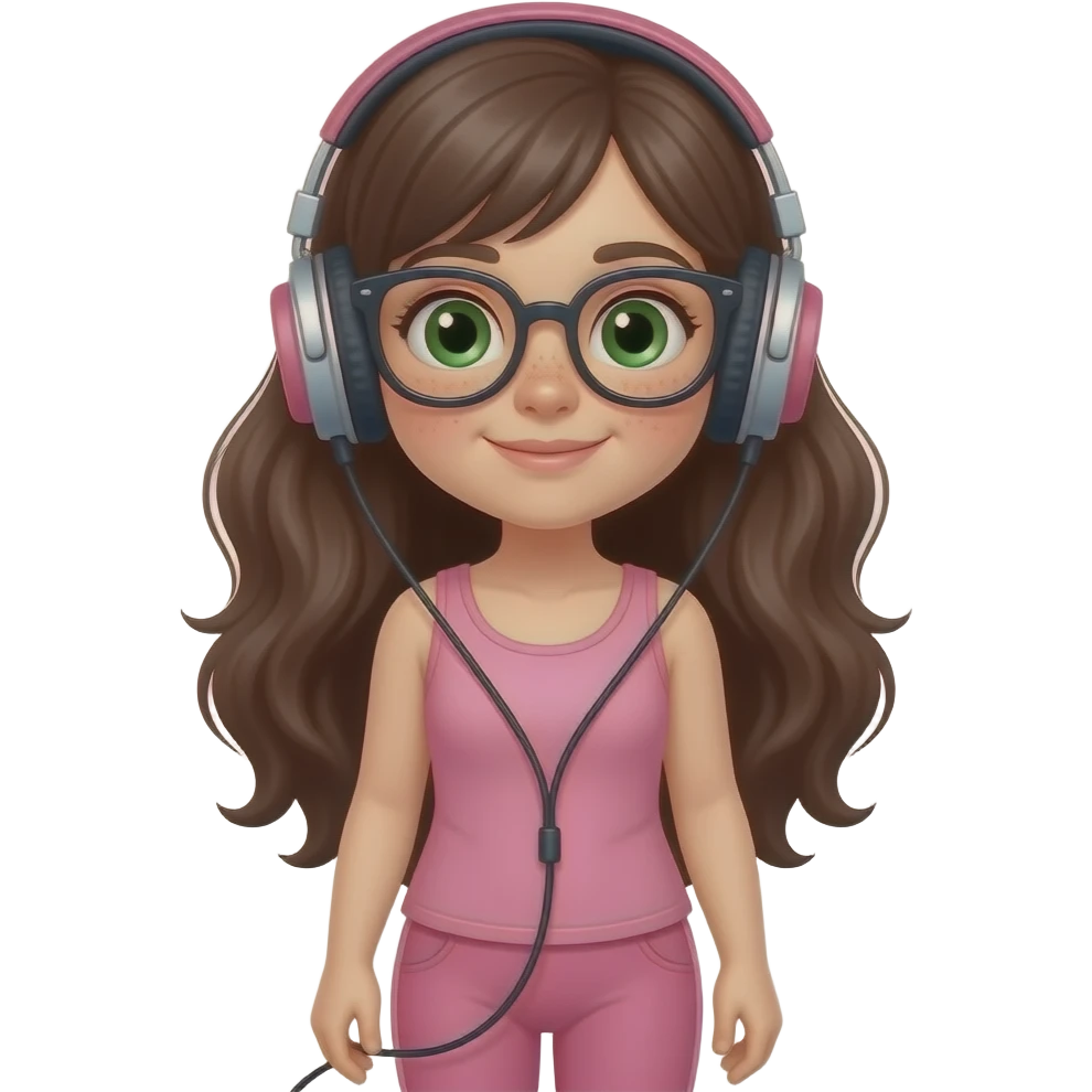 young girl in the style of iphone emoji people, fair skin, green eyes, glasses, freckles,long dark brown wavy hair, pink tank top and pink leggings, listening to music on headphones emoji