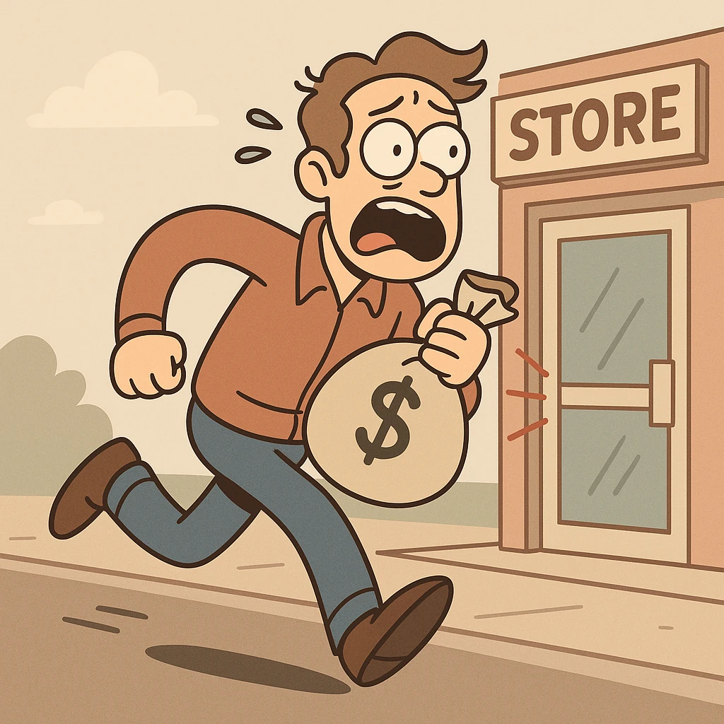 a man without a mask running from a store with a bag of cash, alarmed expression, cartoon style emoji