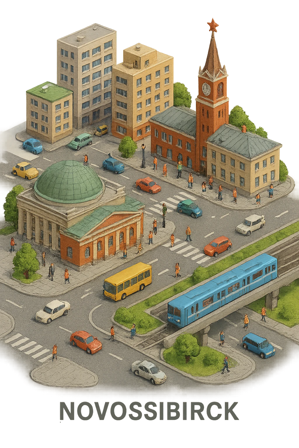 Изометричная миниатюрная фотореалистичная 3D модель Новосибирска, четкая детализация, яркие цвета, мультяшный реализм, люди, автотранспорт и метро, компактная композиция, вид сверху в изометрии, прозрачный фон emoji