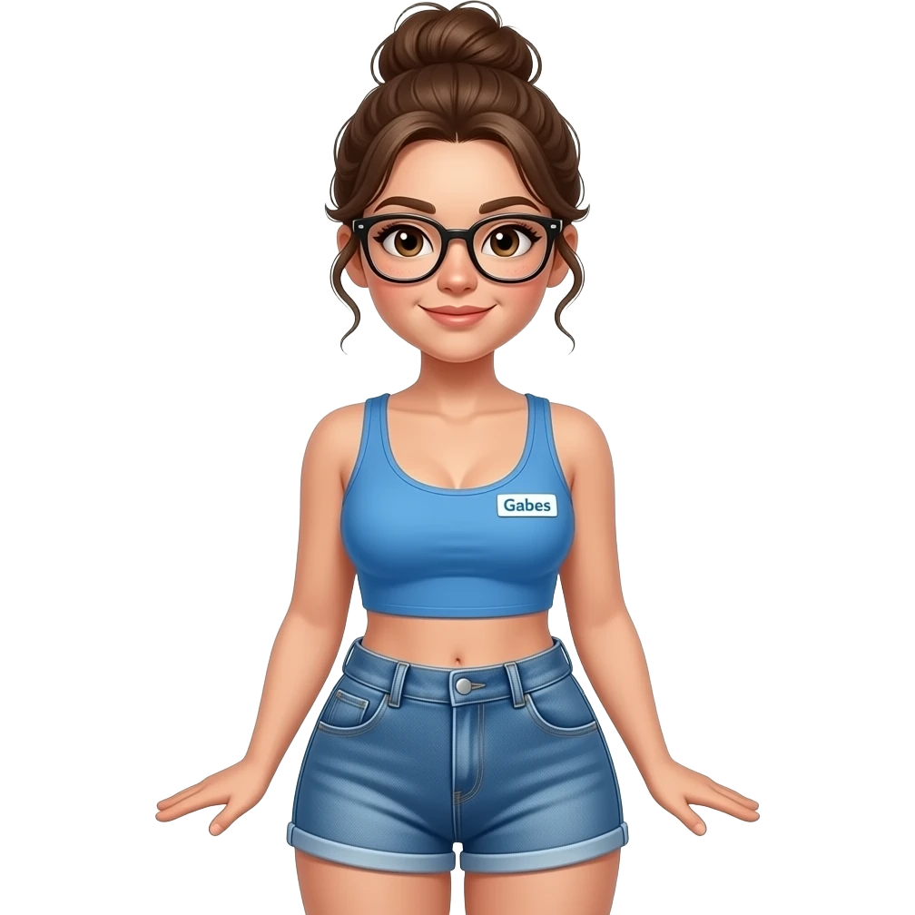 A lightly Freckled face, brown eyed woman with brown messy bun and black frame glasses with big boobs and the tank top is a blue crop top, with a name tag on the upper right side of her shirt that's a white tag and says Gabes in blue letters,  also with Shorty blue jean shorts and a big booty. emoji