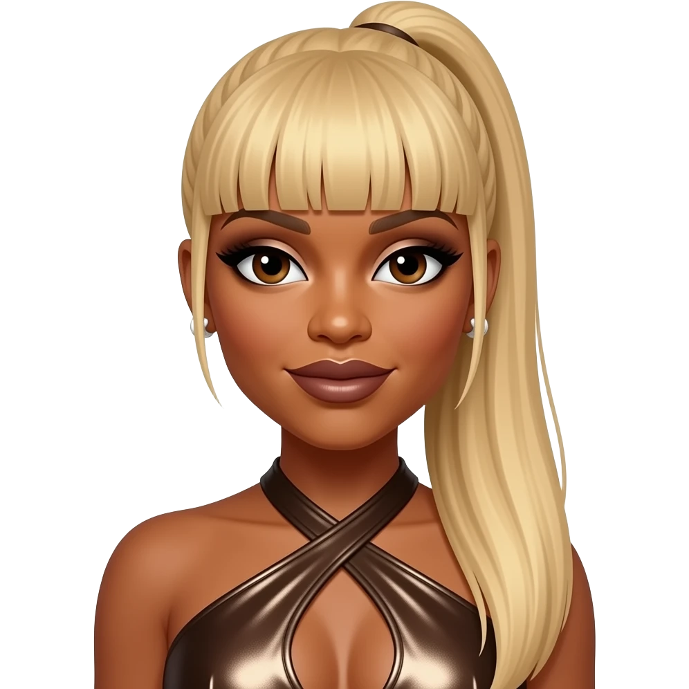 Mary J. Blige with dark brown eyes, long straight blonde high ponytail hair with bang, ivory eyeshadow, dark brown lipstick, dark brown metallic halter dress, silver earrings emoji