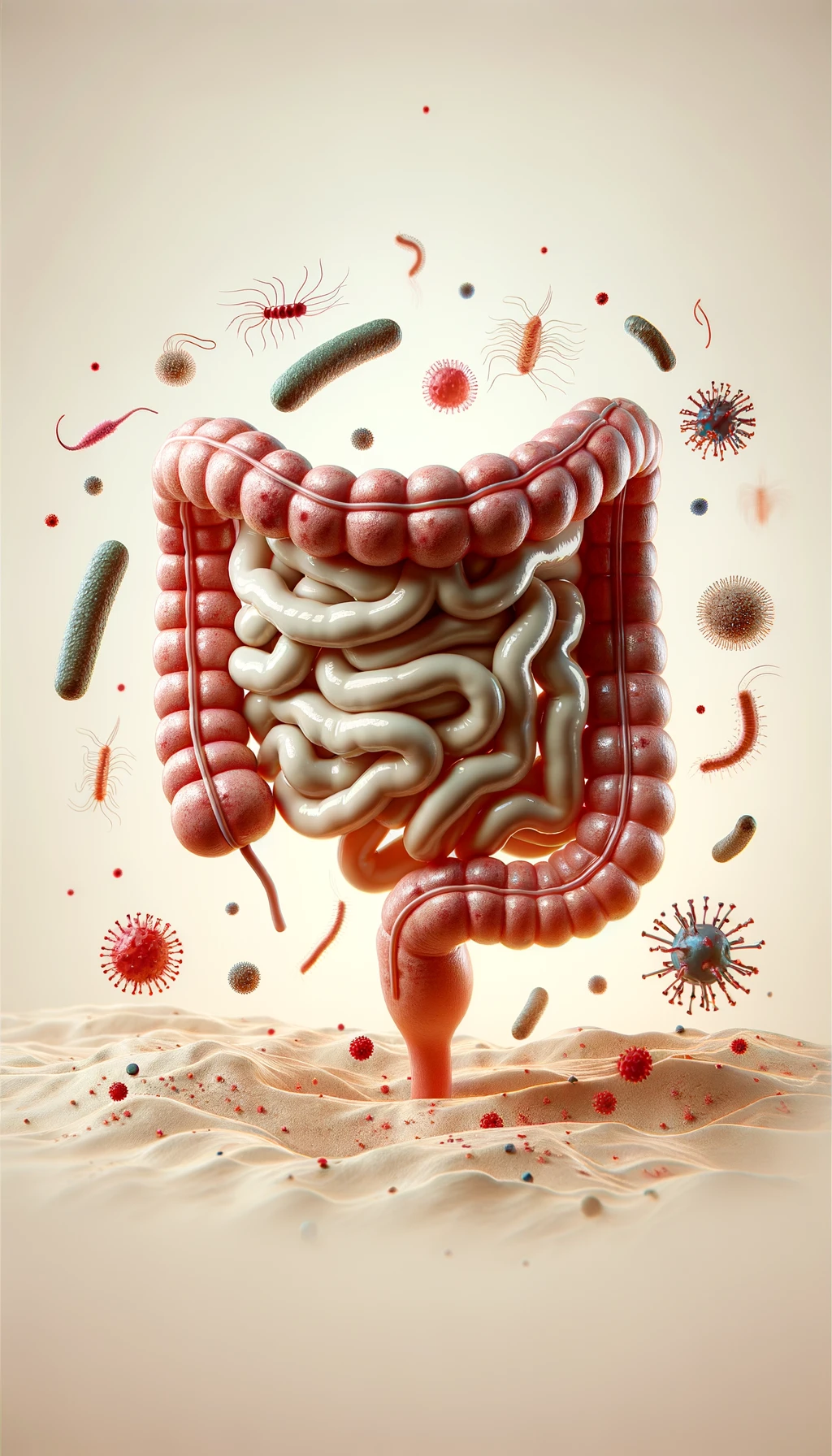 intestino umano anatomico con batteri e parassiti che gli fluttuano dietro, sfondo beige chiaro emoji