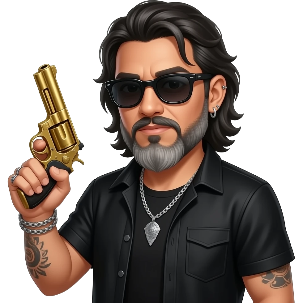 handsome, manly Latino podcast host with black colored eyes wearing black with silver jewelry, with medium length hair, a very long, lightly graying beard and tattoos, his ear and nose pierced, dark sunglasses, holding a gold pistol with a smoldering face emoji