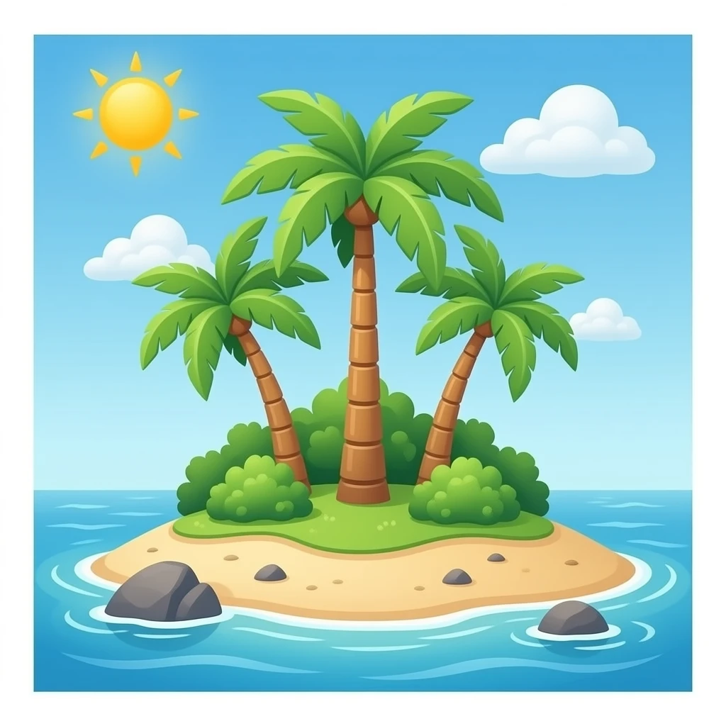 Island, sand island base, with green bushes on top, and three palm trees in the middle of the oceanIsland, sand island base, with green bushes on top, and three palm trees in the middle of the ocean, with no rocks, just sand emoji