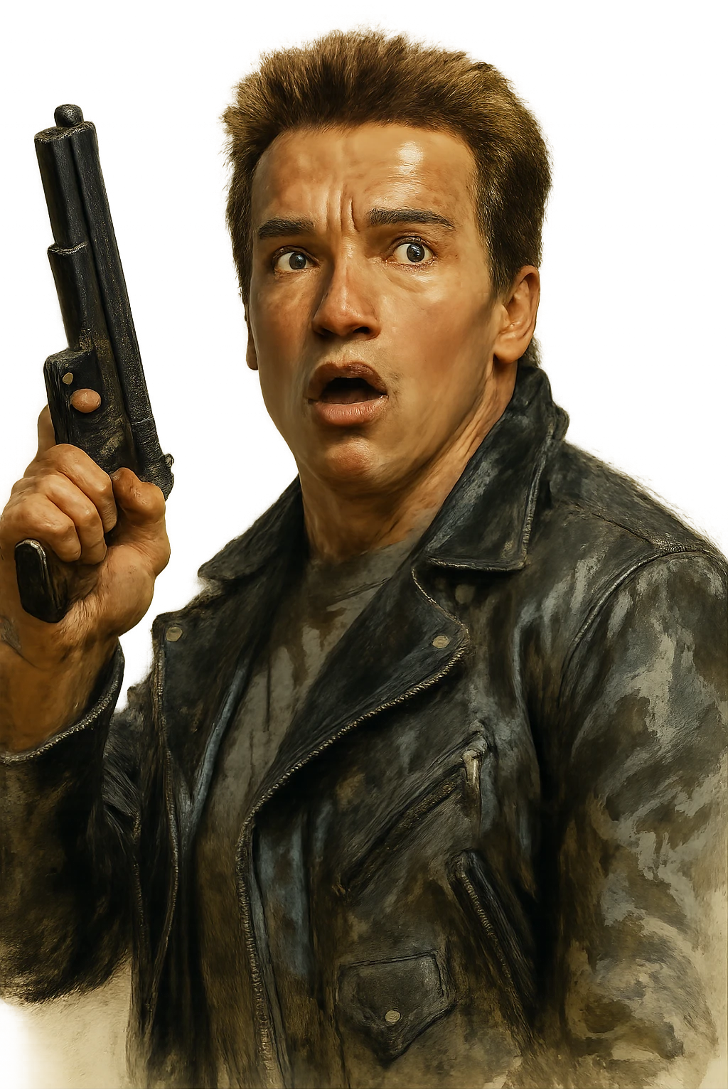 Arnold Schwarzenegger as the Terminator, surprised expression, holding a raised gun, realistic painted style emoji