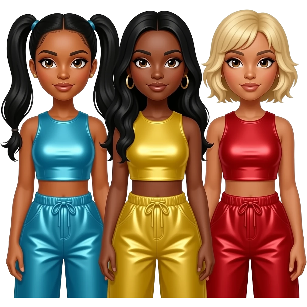 TLC with with Left Eye with brown skin and eyes, black two ponytail hair, cyan metallic crop top and baggy pants, Chilli with brown skin and eyes, long black hair, yellow metallic crop top and baggy pants, T-Boz with brown skin and eyes,short blonde hair, red metallic crop top and baggy pants emoji