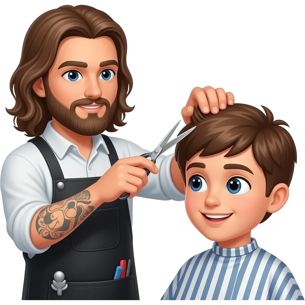 A barber with long hair and a beard is cutting the hair of a brown-haired teenager while they talk. emoji
