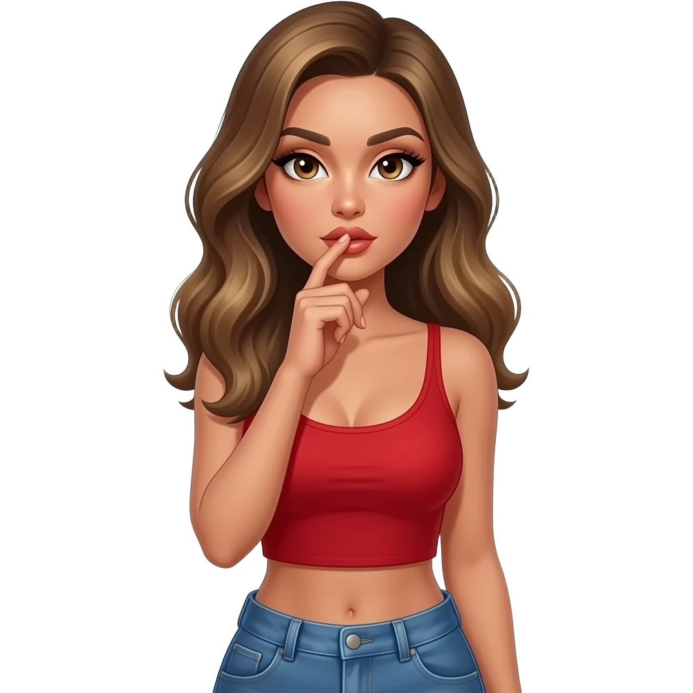 Fingers on lips and . woman with tan glowy skin, hazel eyes almond with long lashes, softly arched brows, full lips, dark blonde flowing hair, delicate feminine sexy features, wearing a red crop top and blue low waist jeans, confident and femenine and glam makeup. Intense seductive look. emoji