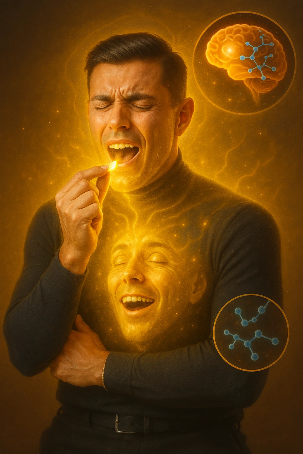 "Man taking simple sugar tablet believing it's powerful medicine, golden healing light emanating from pill as it dissolves, his chronic pain visibly dissolving as relief spreads across his face, expression transforming from suffering to amazement, brain chemistry changing through pure belief, microscopic view showing endorphins releasing purely from expectation, body healing itself through mind's conviction" emoji