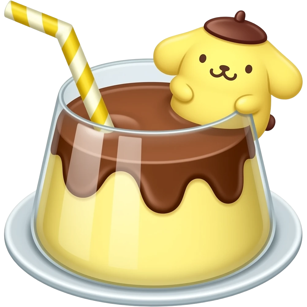 pompompurin the sanrio character themed yellow and brown and pudding colored cocktail with actual illustration of pompompurin as a garnish emoji