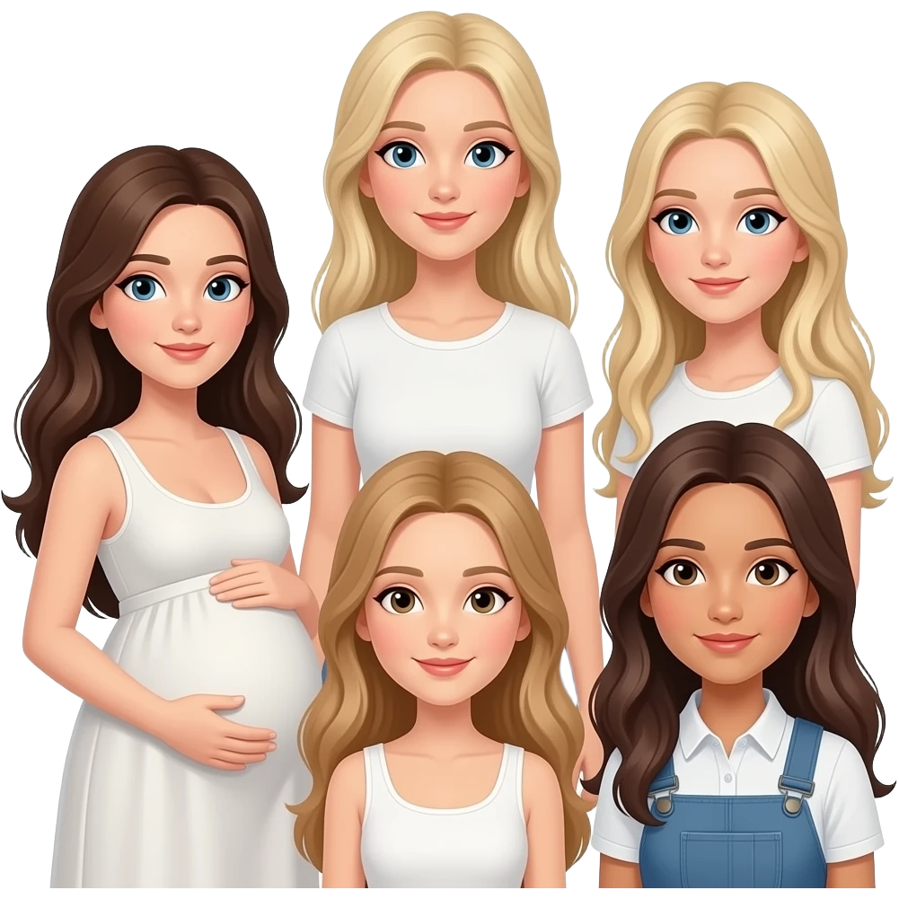 5 white girls with long hair : 1 brunette who is pregnant, 1 strawberry -blonde tall thin, 1 blonde thin, 1 dirty blonde thin, 1 brunette Italian emoji