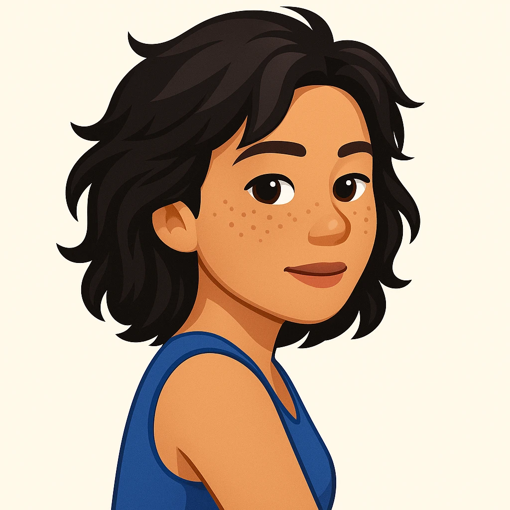 turn the second man in emoji style of the 1st image, match the facial features and match dressing style of the 2nd image, she is wearing blue tank top lose, side pose emoji