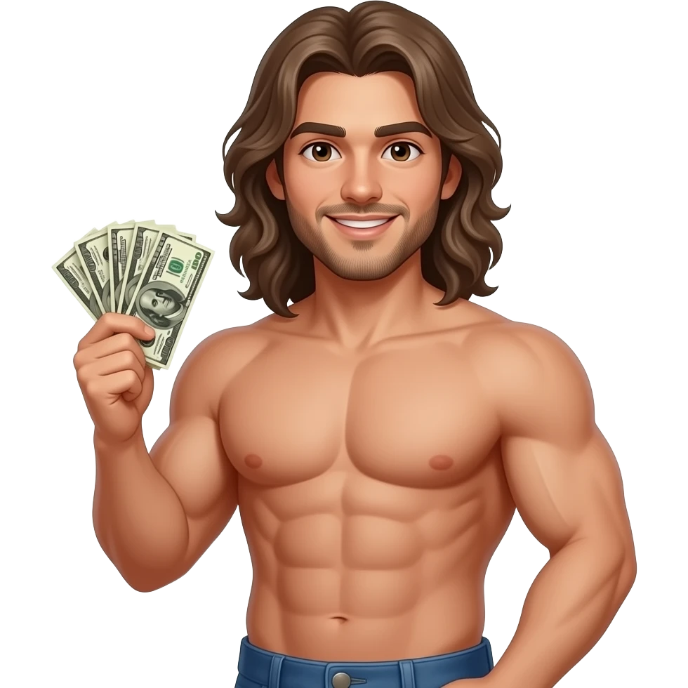 muscular shirtless twink with very long hair holding money emoji
