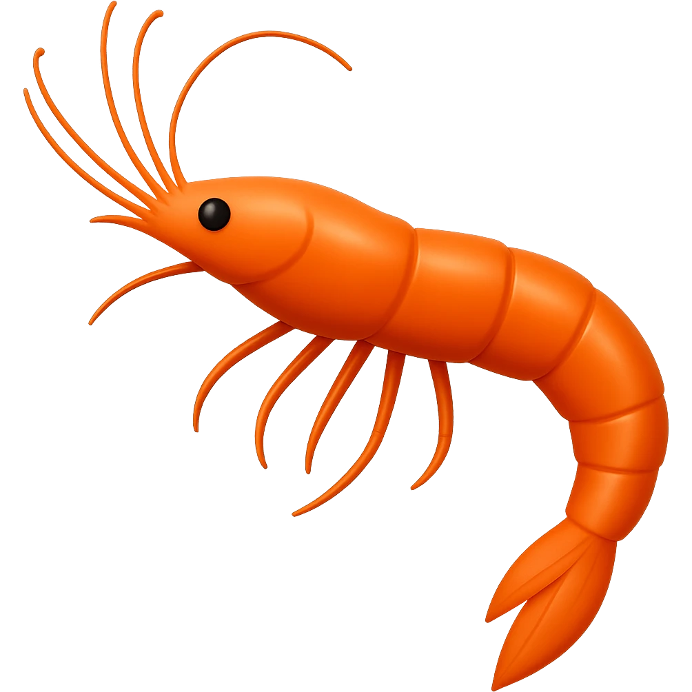 Remove 3 to 4 legs from the orange shrimp, keeping the rest of the shrimp unchanged and natural. Preserve the transparent background. Maintain the original style and natural look of the shrimp. emoji