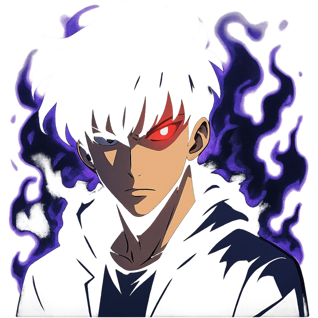Sung Jin-Woo from Solo Leveling, intense determined expression, dark shadowy aura, glowing red eye, subtle animation with eye glowing and aura pulsing, modern sharp anime style, bold colors, clean lines, slightly futuristic, optimized for chat emoji emoji