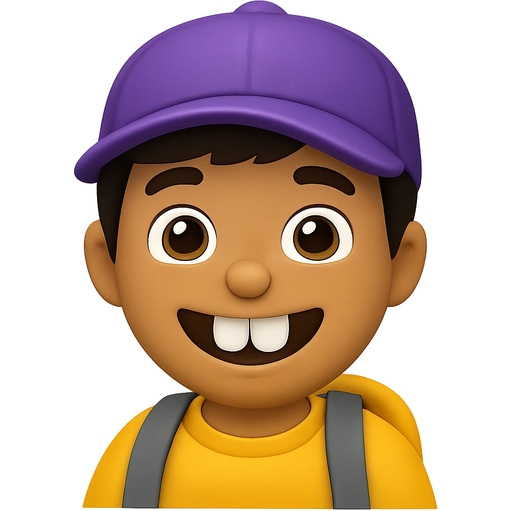 Edit the image of a schoolboy with big front teeth in the style of Apple emojis. Change the cap color to purple. Keep the rest of the features consistent with the original Apple emoji style. No background, transparent background. emoji