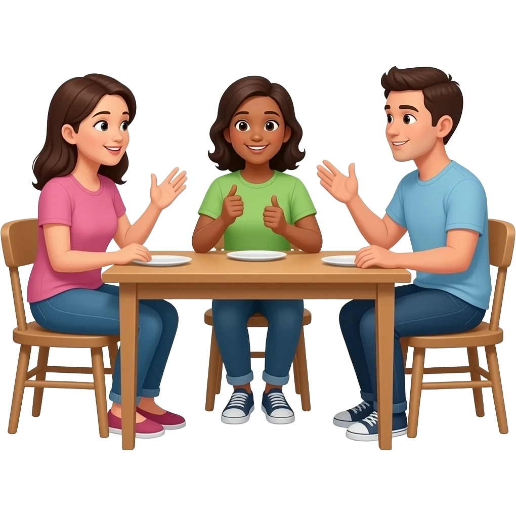 Dialogue between two adults and a teenager sitting at the table at home looking at each other in a conversational mood, hands moving, faces speaking emoji