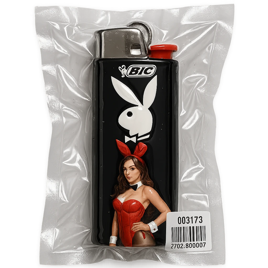 BIC lighter, glossy and puffy, with a white Playboy Bunny logo and a model in a red bunny suit emoji