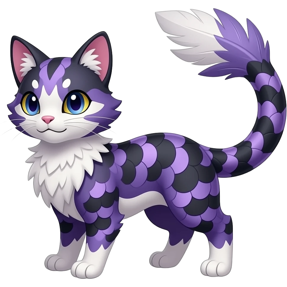 Furry, fluffy tropical flecked painted feathery scaly, Purple, white, black, Minccino-Bambino-Lykoi-Linoone-Zangoose-fusion-hybrid-animal-Fakémon-creature, full body, thin long sleek scaly tail, intricate markings emoji