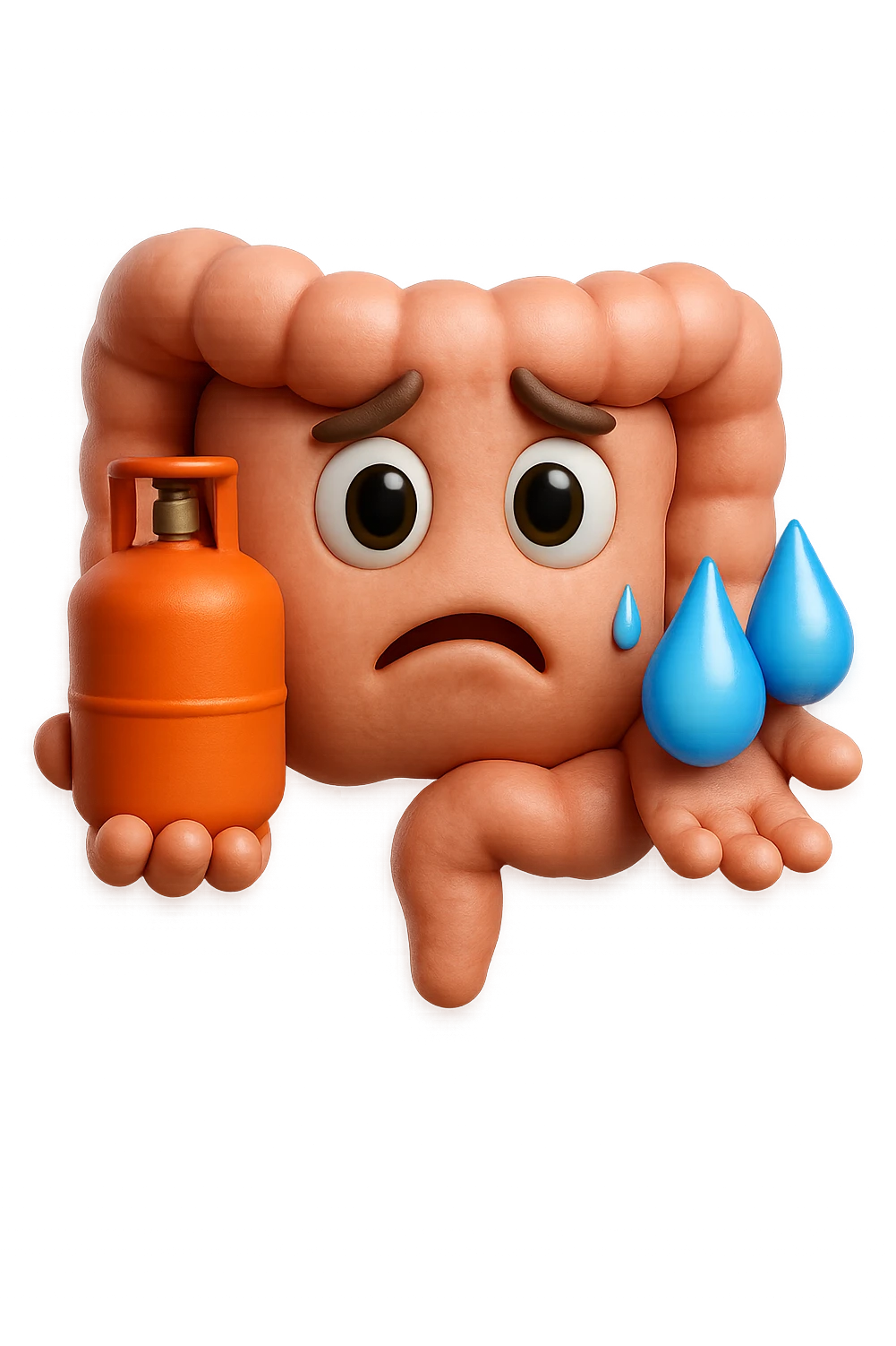 EMOJI STILE IPHONE DI un'intestino preoccupato che ha una bombola di gas in mano e due gocce di acqua in 3d nell'altra mano, IPERREALISTICO 4K emoji
