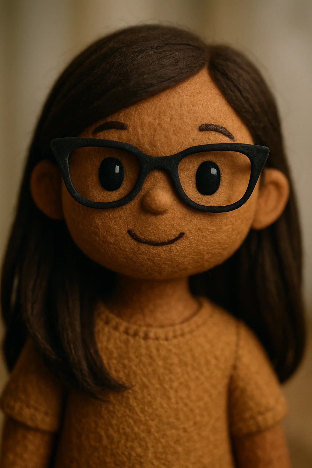 portrait of a young brown girl with long dark brown hair, dark brown eyes, wearing black squared cat eye glasses, smiling, neutral background emoji