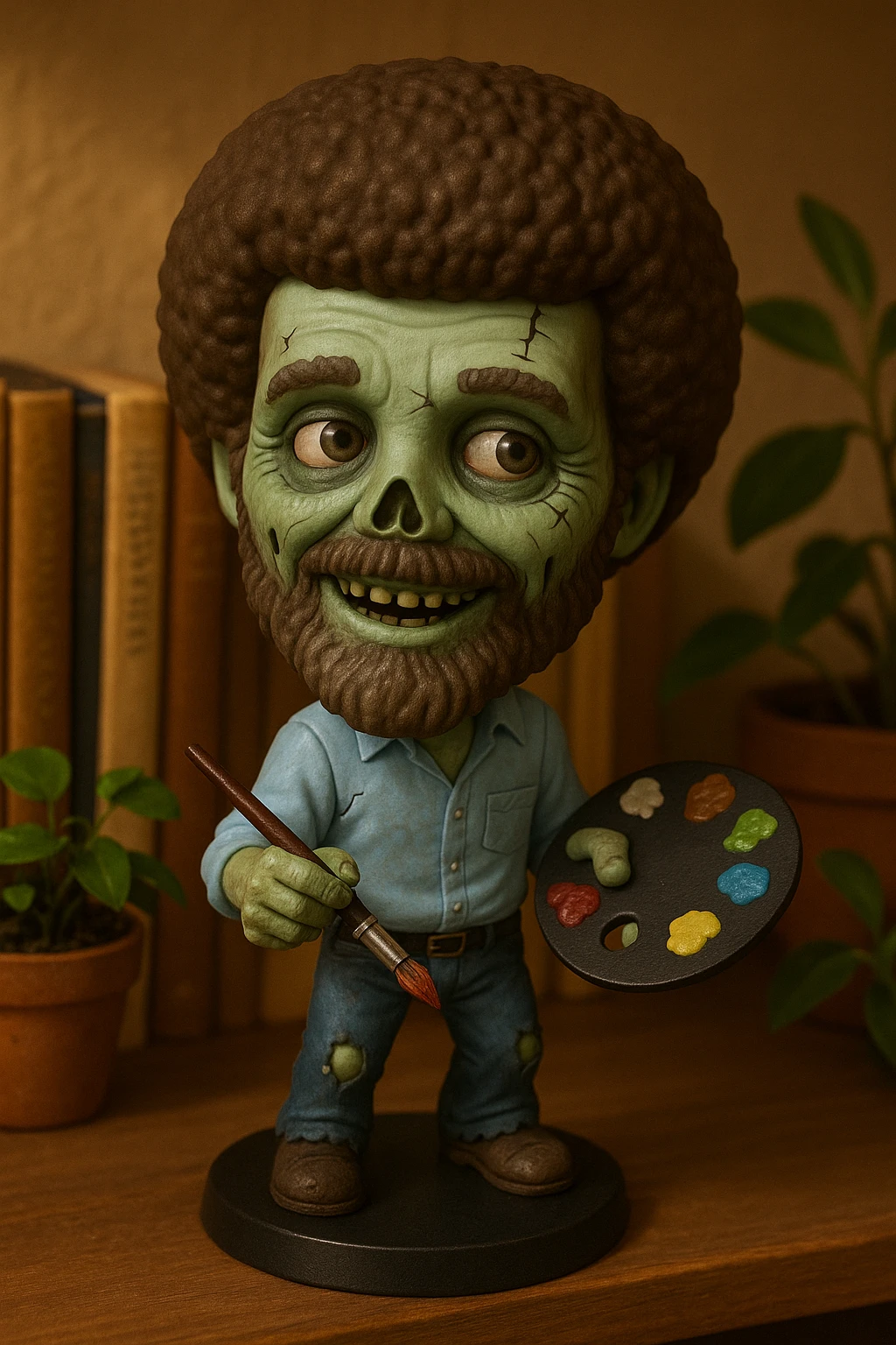 Bob Ross as a friendly zombie, painting, with signature afro and palette, in a fun and approachable style emoji