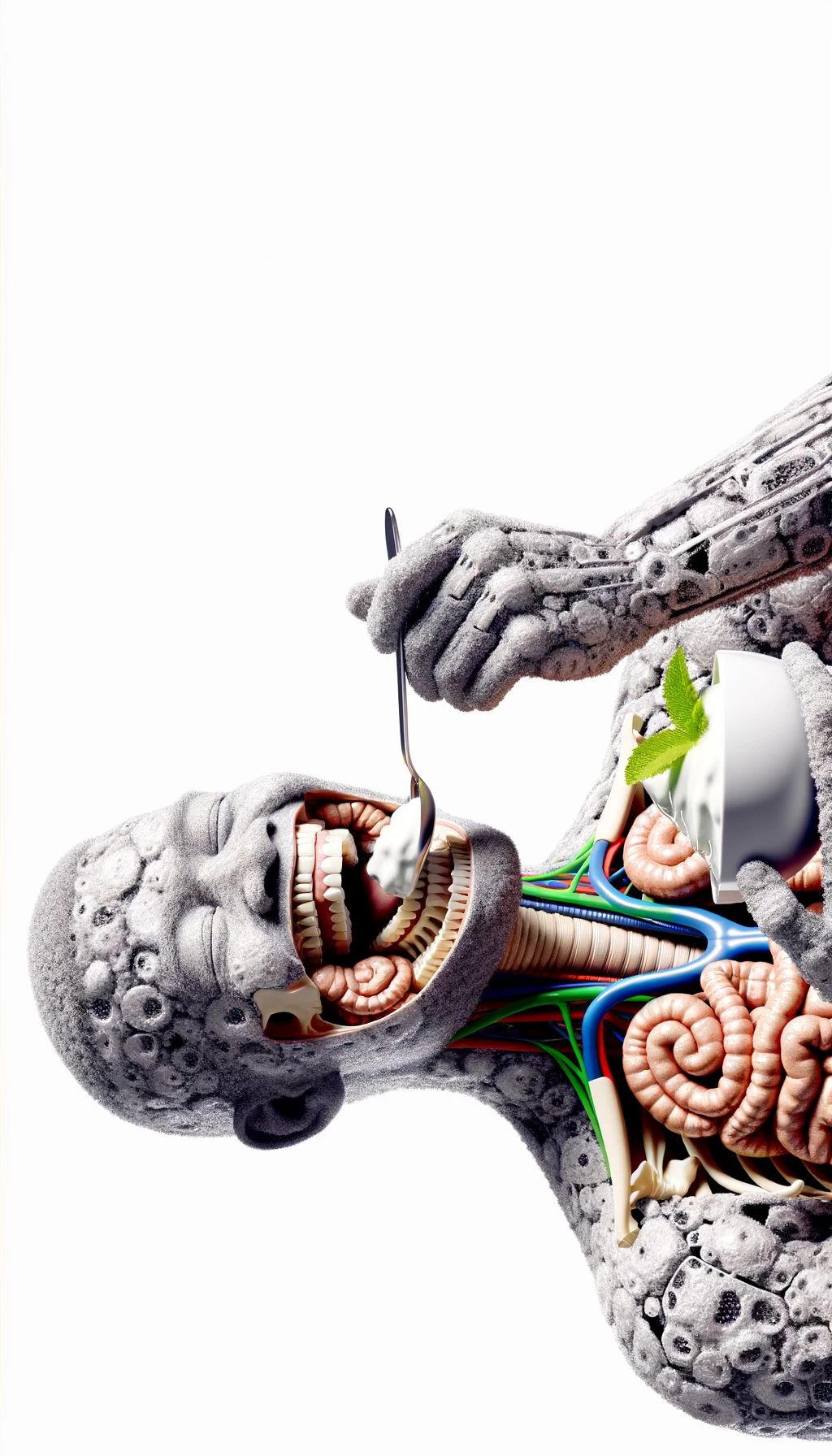 corpo umano anatomico con intestino in evidenza mentre mangia uno yogurt con espressione felice in volto, iperrealistico 4k, isolato su sfondo bianco emoji