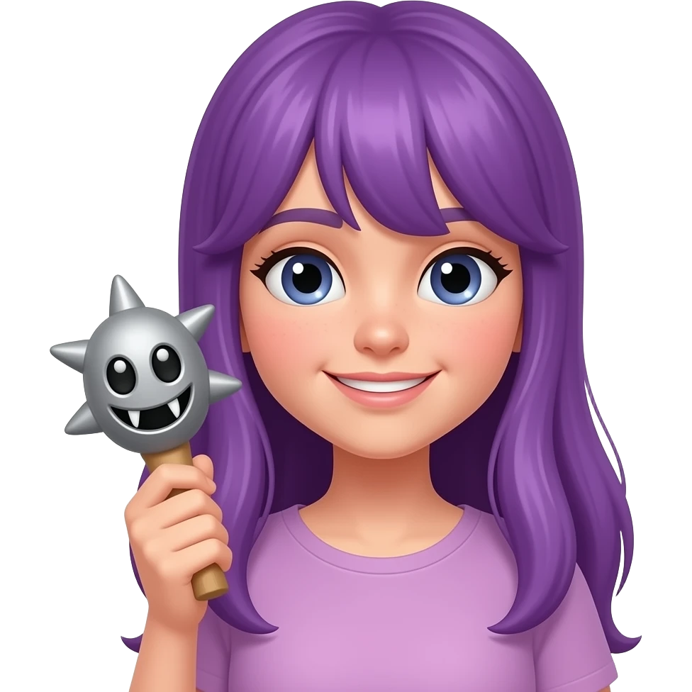 girl with long purple hair holding a CUTE but STABBY sign emoji