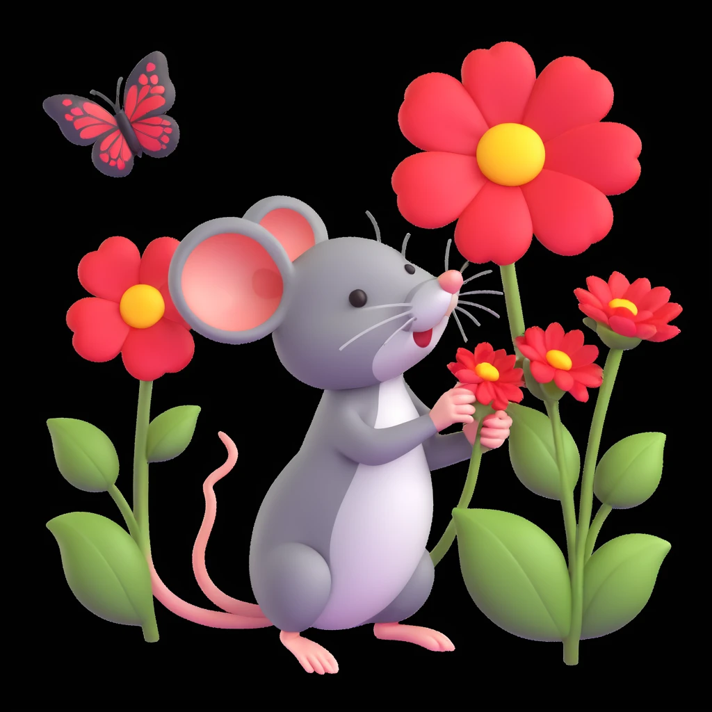 cute little mouse sniffing a big red flower, butterflies and hearts flying around, white background, 3D iOS style, inspired by reference emoji