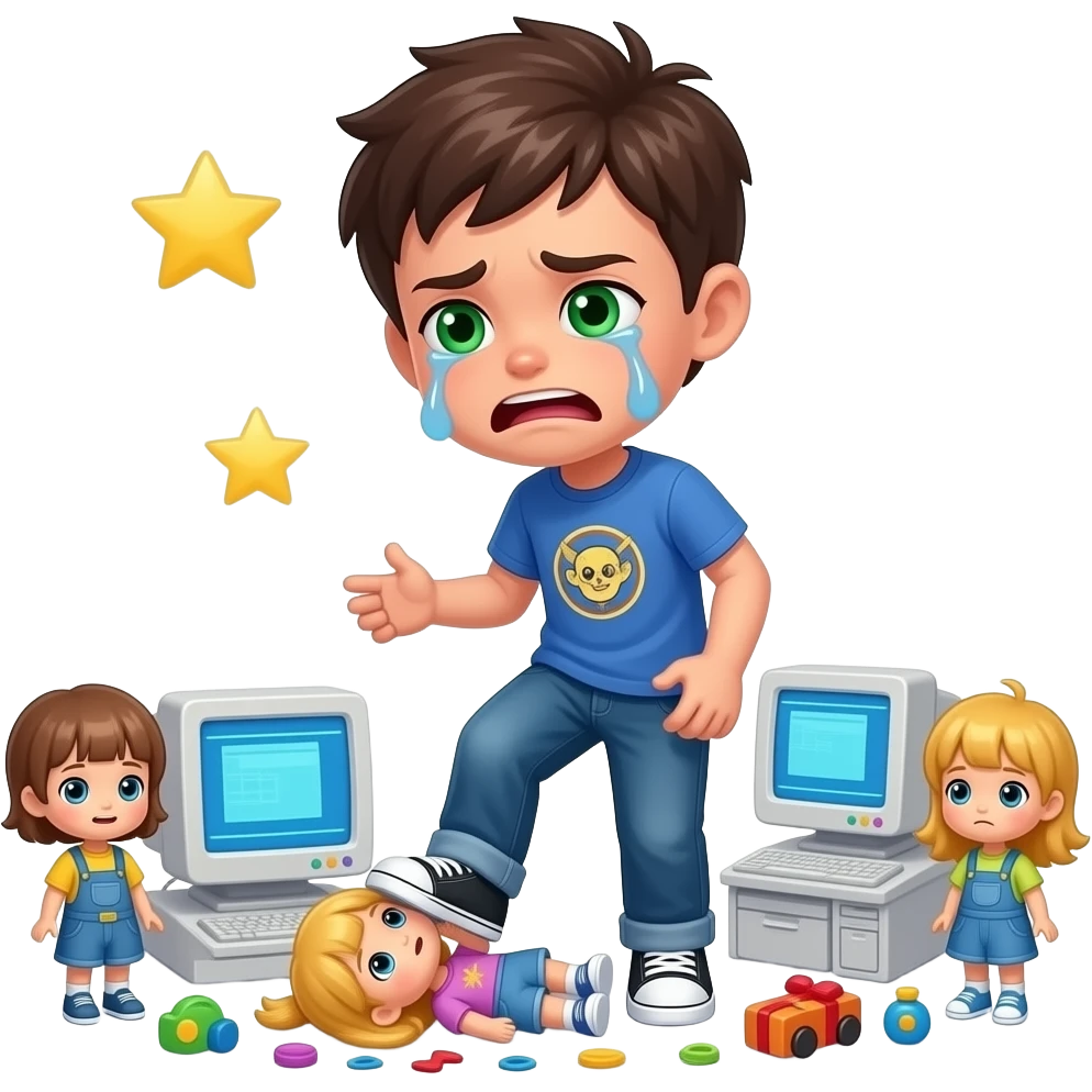 Angry Teenage boy Green eyes surrounded by toys and smala dolls, computers, stars, around and foot on one broken Doll with blond hair and crying emoji