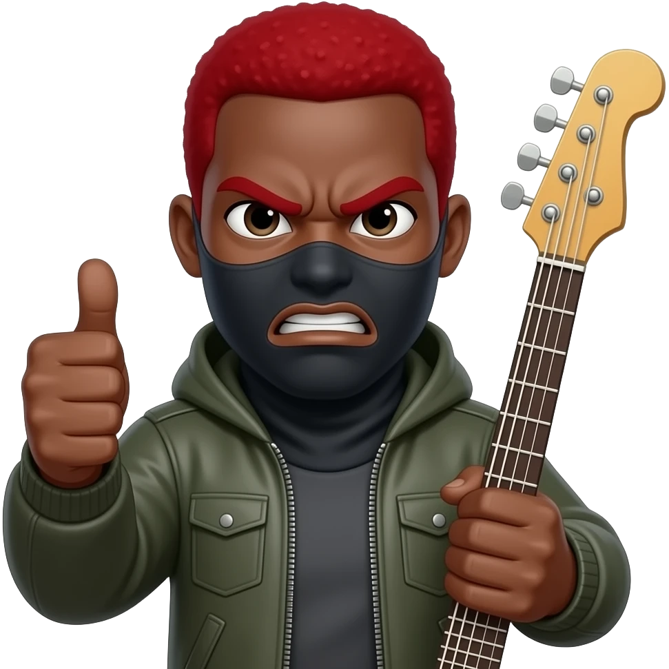give me a black-skinned guy emoji who's showing with his thumb that everything fine, also on the other hand he holds a jumbo instrument he should have red hair, his eyes should be small and wide his mouth should be mad and his eyes should be really small. on his head he should have the balaclava emoji