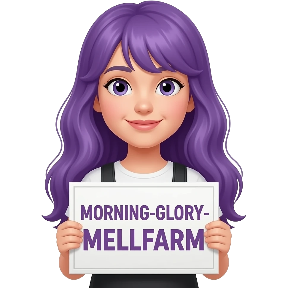 girl with long purple hair with a MORNING-GLORY-MELKFARM sign emoji